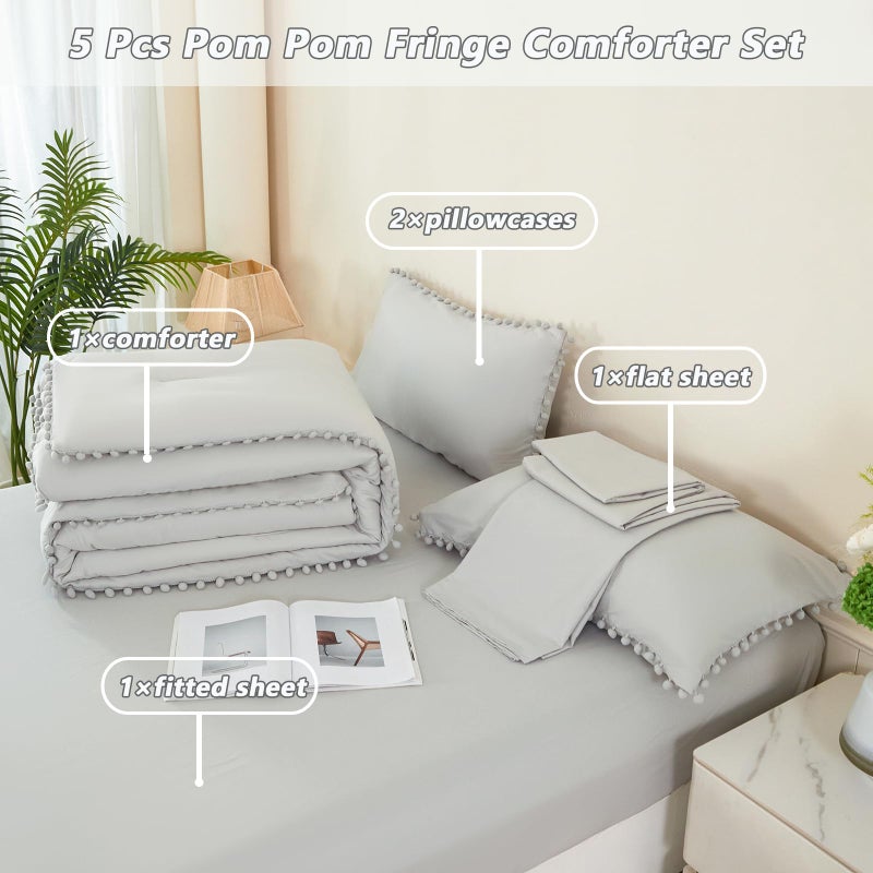 PERFEMET Light Grey Bedding 5 Pcs Full Size Bed in a Bag Set Pom Pom Fringe Boho Comforter with Sheets Ultra Soft Fluffy Down Alternative Solid Bedding Set for Boys Girls(Light Grey, Full) - Image 3