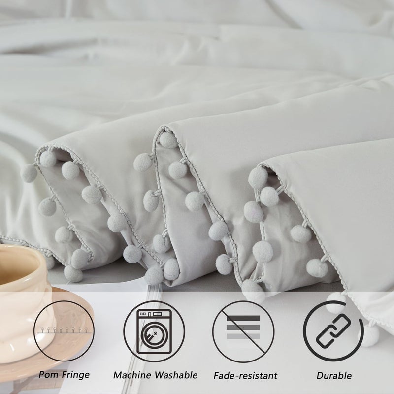 PERFEMET Light Grey Bedding 5 Pcs Full Size Bed in a Bag Set Pom Pom Fringe Boho Comforter with Sheets Ultra Soft Fluffy Down Alternative Solid Bedding Set for Boys Girls(Light Grey, Full) - Image 4