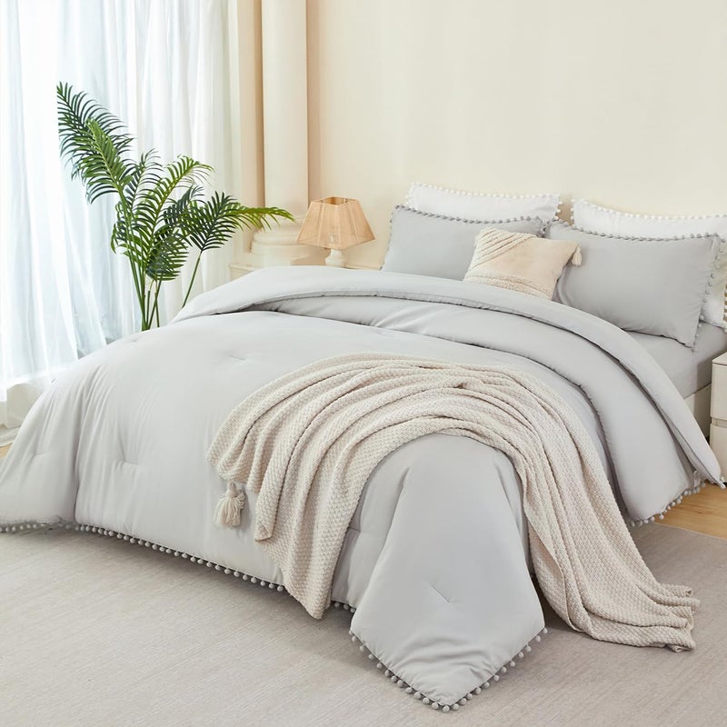 PERFEMET Light Grey Bedding 5 Pcs Full Size Bed in a Bag Set Pom Pom Fringe Boho Comforter with Sheets Ultra Soft Fluffy Down Alternative Solid Bedding Set for Boys Girls(Light Grey, Full) - Image 1