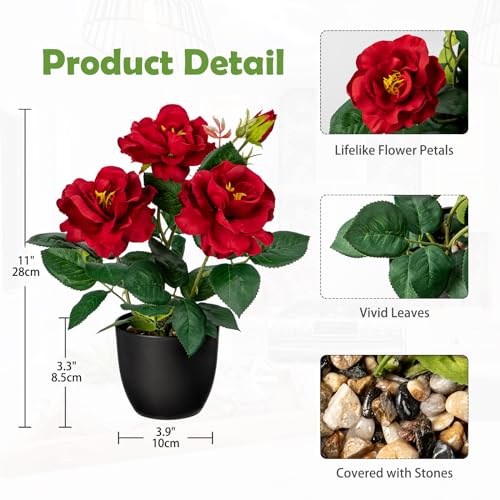 Hollyone Artificial Plants Flowers with Vase Red Roses Artificial Flowers Small Potted Plant Faux Silk Flower with Black Pot Fake Rose Flower Arrangement Office Shelf Desk Home Decor 11 Inch - Image 3
