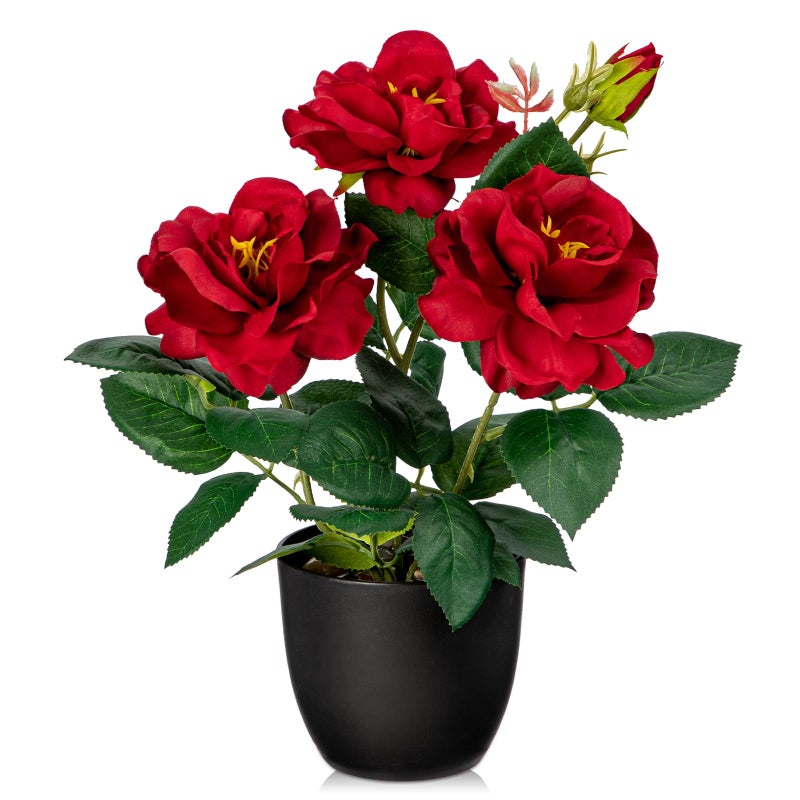Hollyone Artificial Plants Flowers with Vase Red Roses Artificial Flowers Small Potted Plant Faux Silk Flower with Black Pot Fake Rose Flower Arrangement Office Shelf Desk Home Decor 11 Inch - Image 2