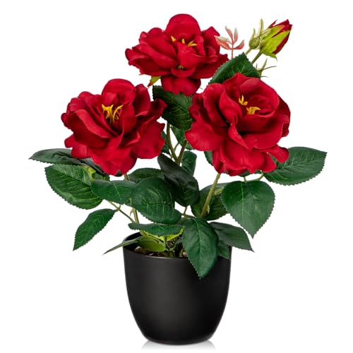 Hollyone Artificial Plants Flowers with Vase Red Roses Artificial Flowers Small Potted Plant Faux Silk Flower with Black Pot Fake Rose Flower Arrangement Office Shelf Desk Home Decor 11 Inch - Image 1