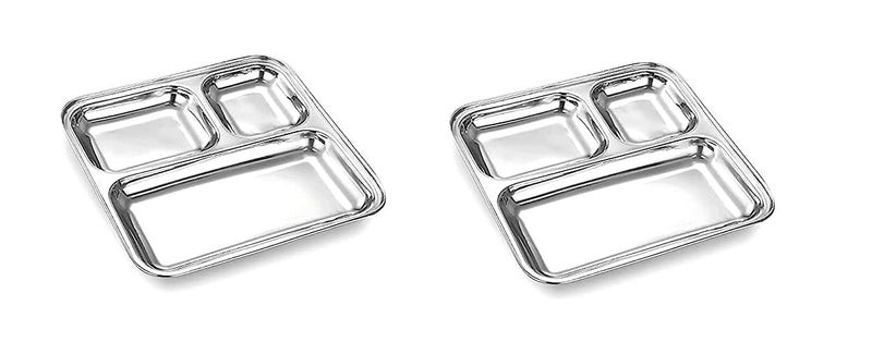 Dynore Stainless Steel 3 in 1 Pav Bhaji/Partition Plate/Snacks Plate- Set of 2 - Image 1
