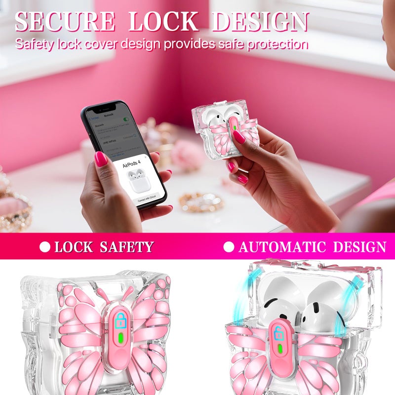 R-fun for AirPods 4 Case Butterfly Artistry - Auto Pop-Up Lid & Kickstand Function, Military-Grade 360Â° Protection with Beautiful Bracelet & Cleaning Kit for AirPods 4th Gen 2024 - Image 2