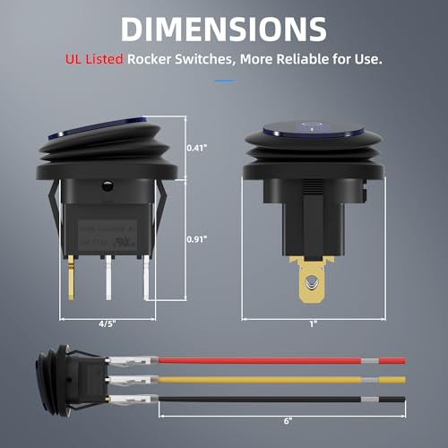 DaierTek 12V Waterproof Round Rocker Switch Blue LED Lighted [UL Listed] ON Off 3 Pin 12 Volt 20A Weatherproof Illuminated Toggle for Marine Car RV Truck -5Pack - Image 2