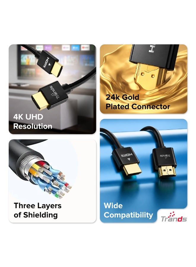 Trands Ultra-Slim HDMI 2.0 Male to Male Cable (4K UHD, 60Hz, 3D, ARC, 24K Gold-Plated, 1m) - Black | CA3149 - Image 2