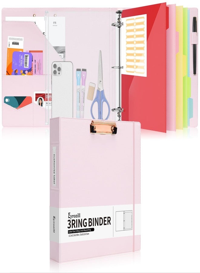 Eyrozill Portfolio Leather Binder with Clipboard, 5 Sheets Folder Dividers，Professional Leather 3 Ring Binder Organizer 8.5 x 11 for Business, Interview, Resume Storage, 2-inch Rings, Pink - Image 1