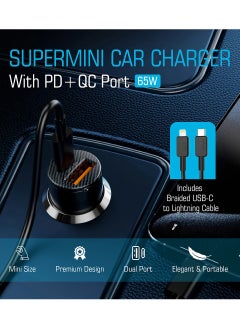 Pawa Supermini Car Charger With PD+QC Port Includes Braided USB-C to Lightning Cable / Premium design / Elegant and Portable / ABS+PC Material - Black  - Image 2