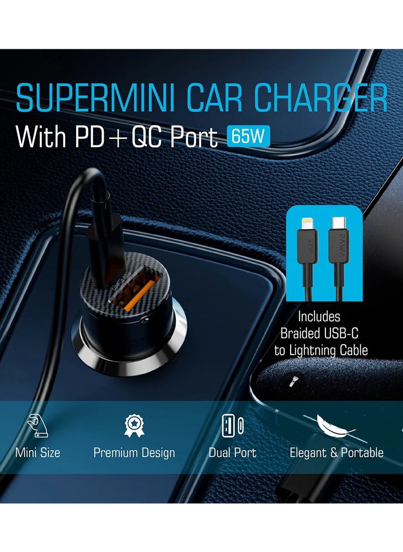 Pawa - Supermini Car Charger With PD+QC Port Includes Braided USB-C to Lightning Cable / Premium design / Elegant and Portable / ABS+PC Material - Black - Image 1