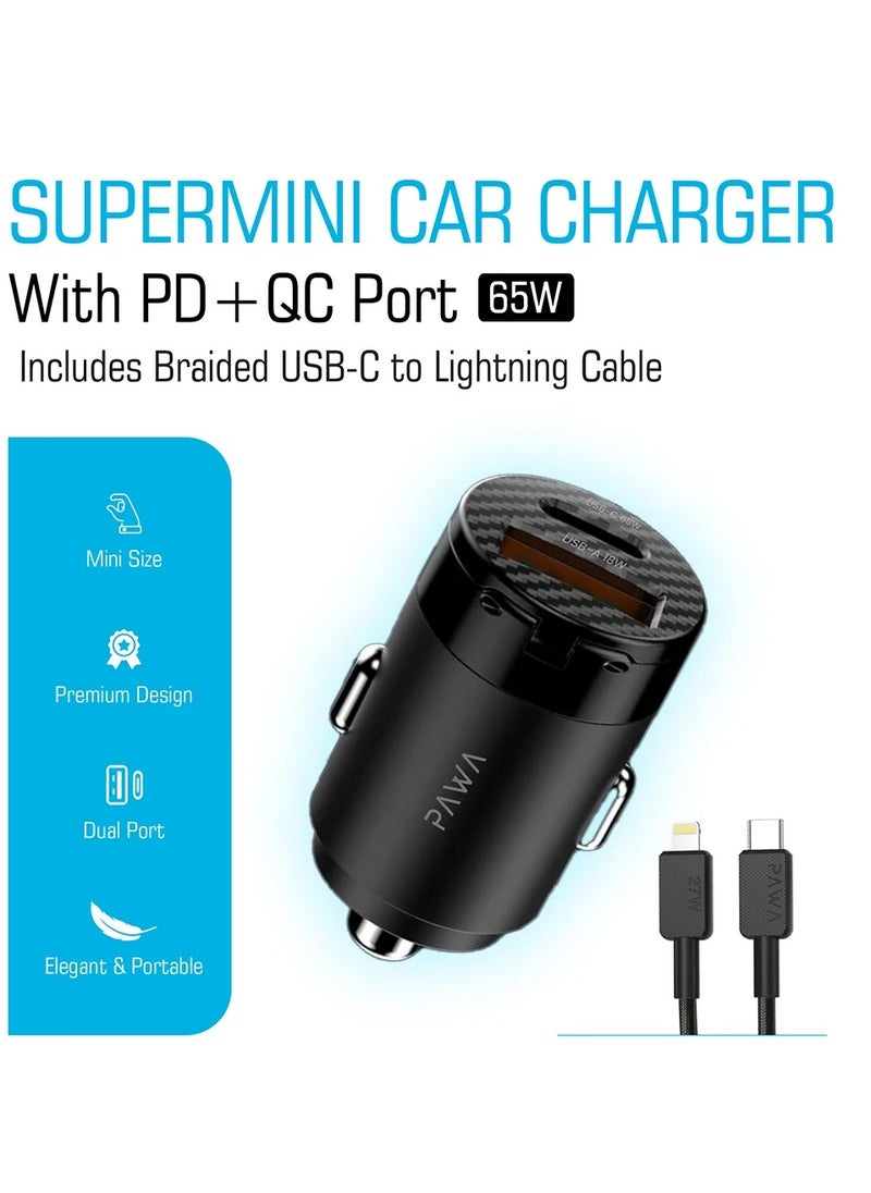 Pawa - Supermini Car Charger With PD+QC Port Includes Braided USB-C to Lightning Cable / Premium design / Elegant and Portable / ABS+PC Material - Black - Image 1