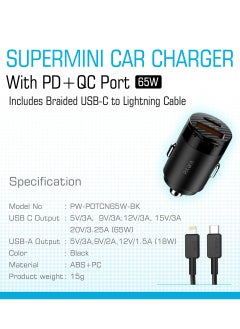 Pawa Supermini Car Charger With PD+QC Port Includes Braided USB-C to Lightning Cable / Premium design / Elegant and Portable / ABS+PC Material - Black  - Image 4
