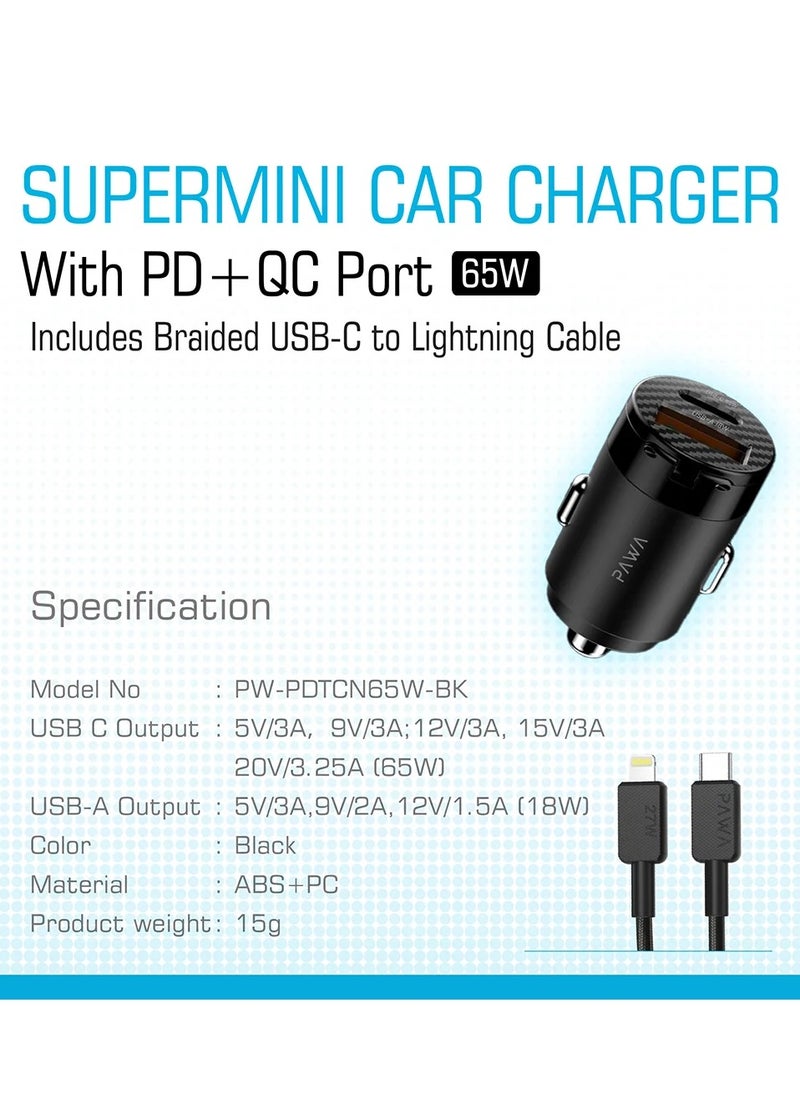 Pawa - Supermini Car Charger With PD+QC Port Includes Braided USB-C to Lightning Cable / Premium design / Elegant and Portable / ABS+PC Material - Black - Image 1