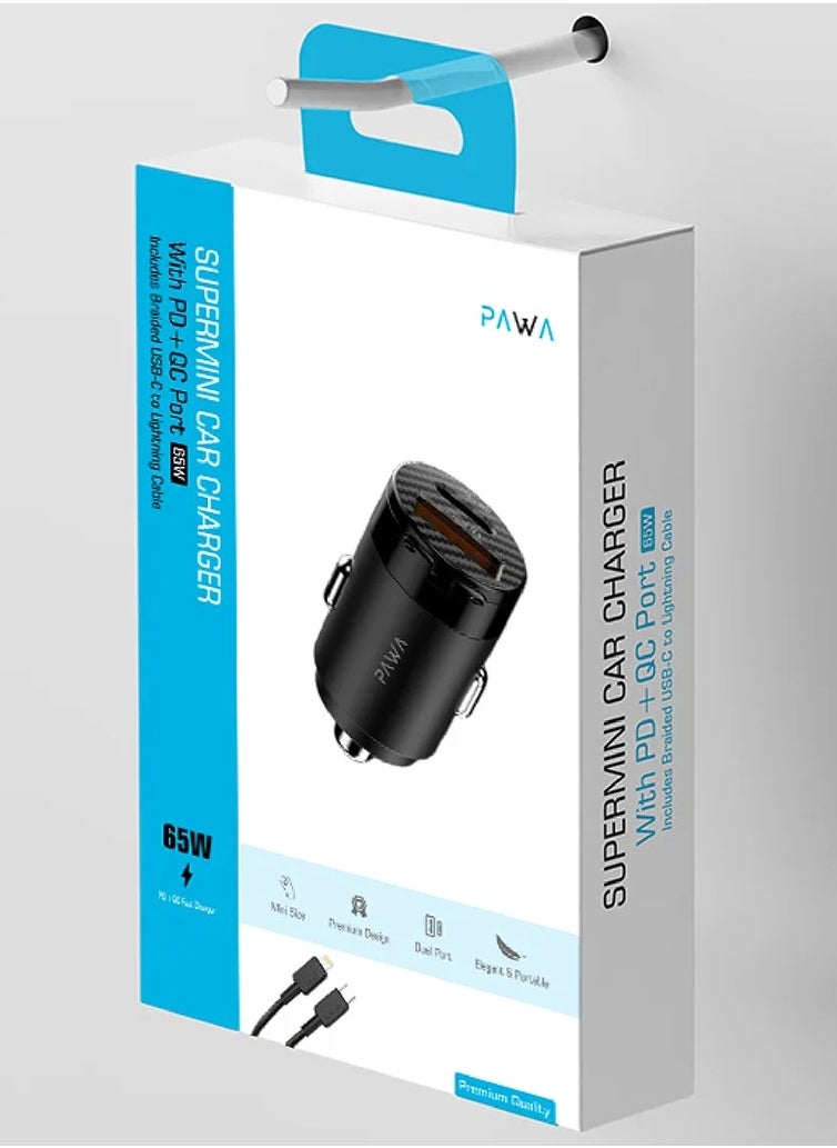 Pawa - Supermini Car Charger With PD+QC Port Includes Braided USB-C to Lightning Cable / Premium design / Elegant and Portable / ABS+PC Material - Black - Image 1