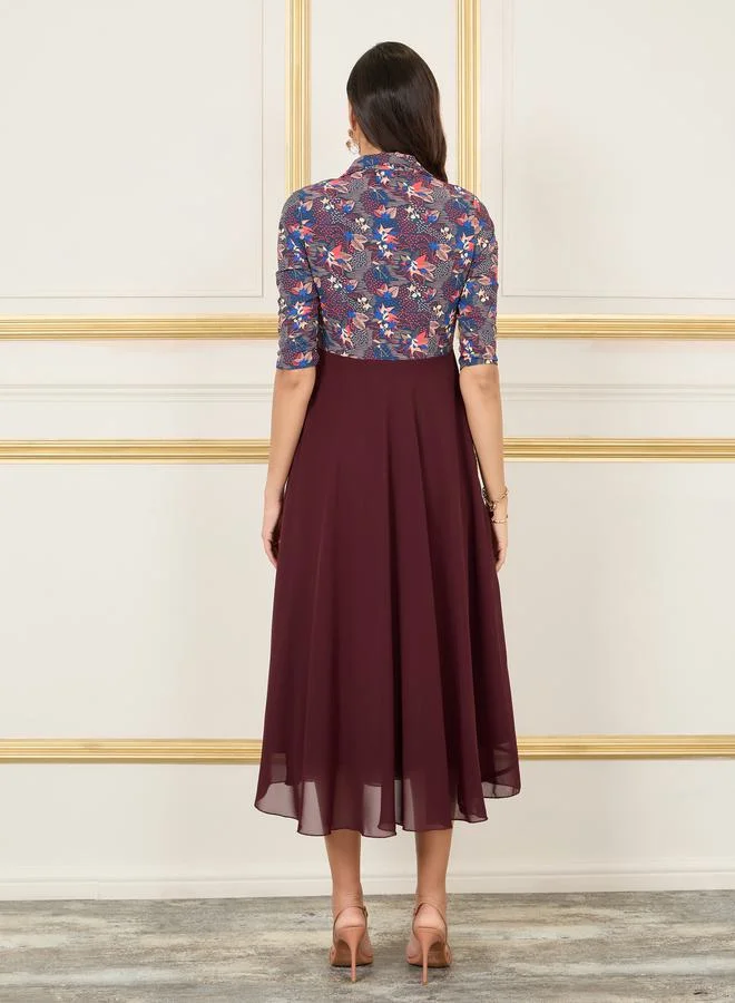 Styli Floral Print A-line Maxi Dress with Attached Crop Tie Up Shirt