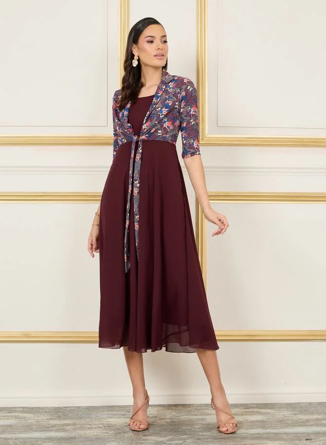 Styli Floral Print A-line Maxi Dress with Attached Crop Tie Up Shirt