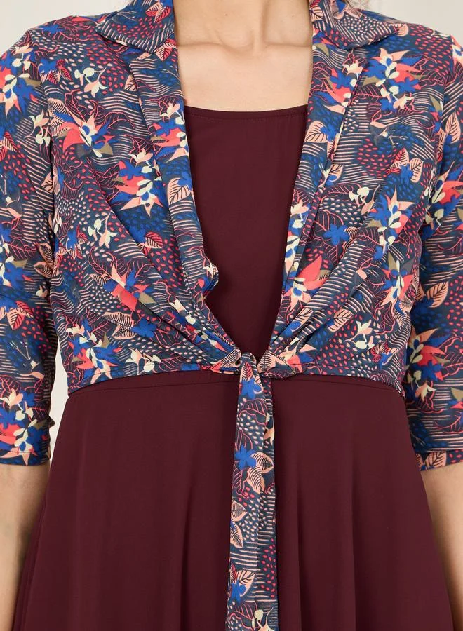 Styli Floral Print A-line Maxi Dress with Attached Crop Tie Up Shirt