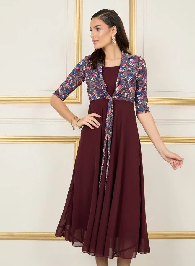 Styli Floral Print A-line Maxi Dress with Attached Crop Tie Up Shirt