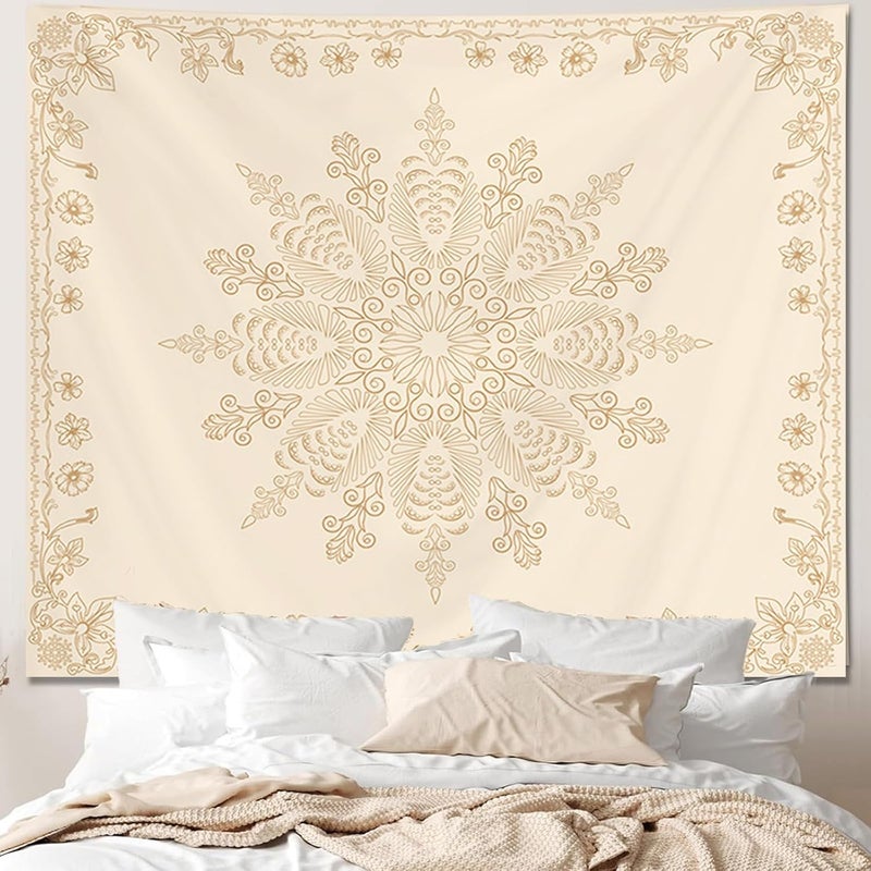 Apdidl Slow wear optimized quality Boho Mandala Floral Wall Tapestry for Bedroom Aesthetic, Bohemian Cute Flower Hippie Indian Beige Wall Hanging Blanket, Medallion Art Decor Tapestries for Teen Girls Living Room Dorm 60" X 79" UV resistant - Image 1