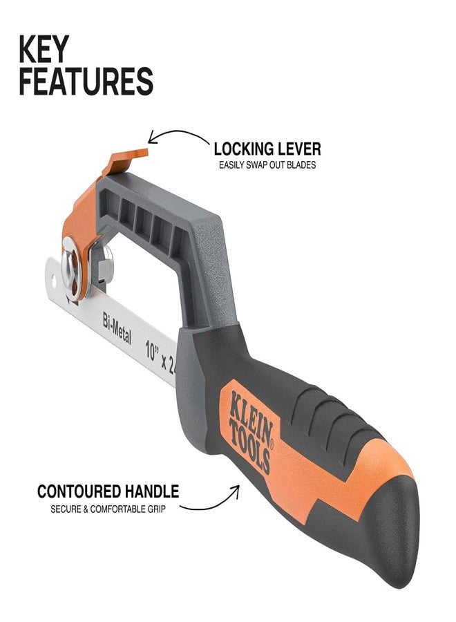 Klein Tools 31432 Compact Medium-Cut Hacksaw, 10-Inch 24 TPI Bi-Metal Blade Hand Saw, Cuts Thin Wall Copper and Aluminum, PVC, PEX, ABS Pipes, and Wood in Tight Spaces - Image 2