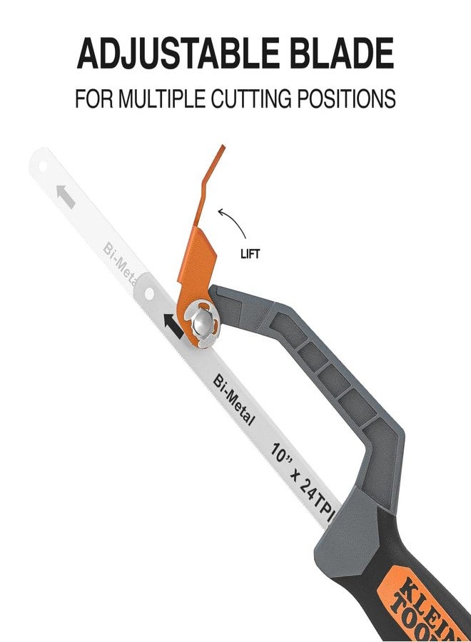 Klein Tools 31432 Compact Medium-Cut Hacksaw, 10-Inch 24 TPI Bi-Metal Blade Hand Saw, Cuts Thin Wall Copper and Aluminum, PVC, PEX, ABS Pipes, and Wood in Tight Spaces - Image 3