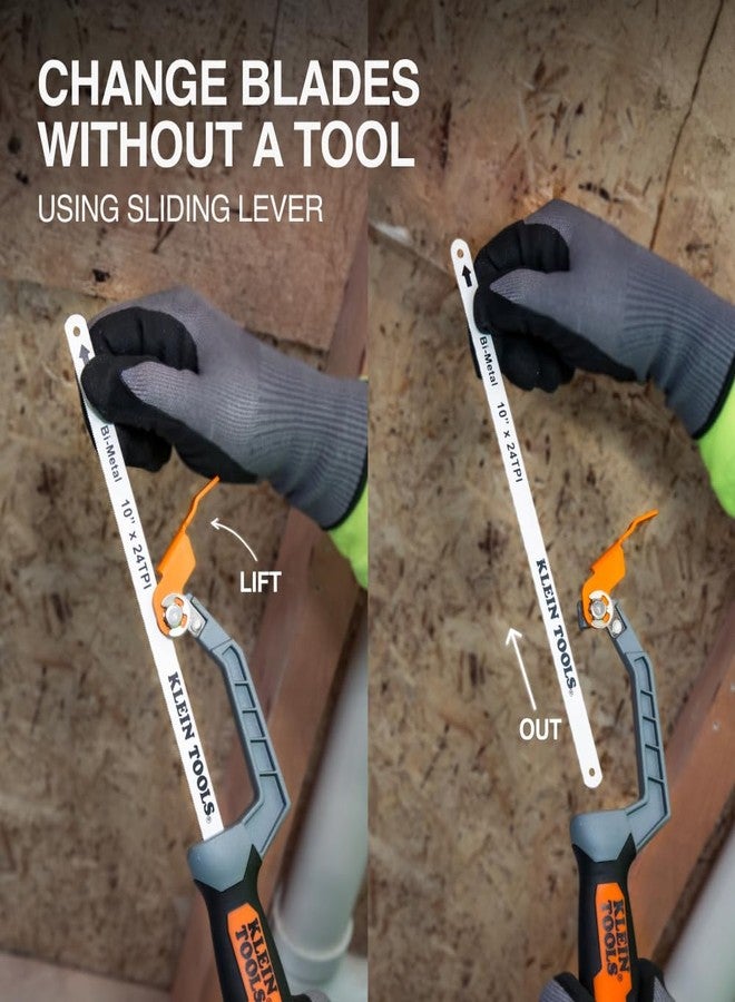 Klein Tools 31432 Compact Medium-Cut Hacksaw, 10-Inch 24 TPI Bi-Metal Blade Hand Saw, Cuts Thin Wall Copper and Aluminum, PVC, PEX, ABS Pipes, and Wood in Tight Spaces - Image 5