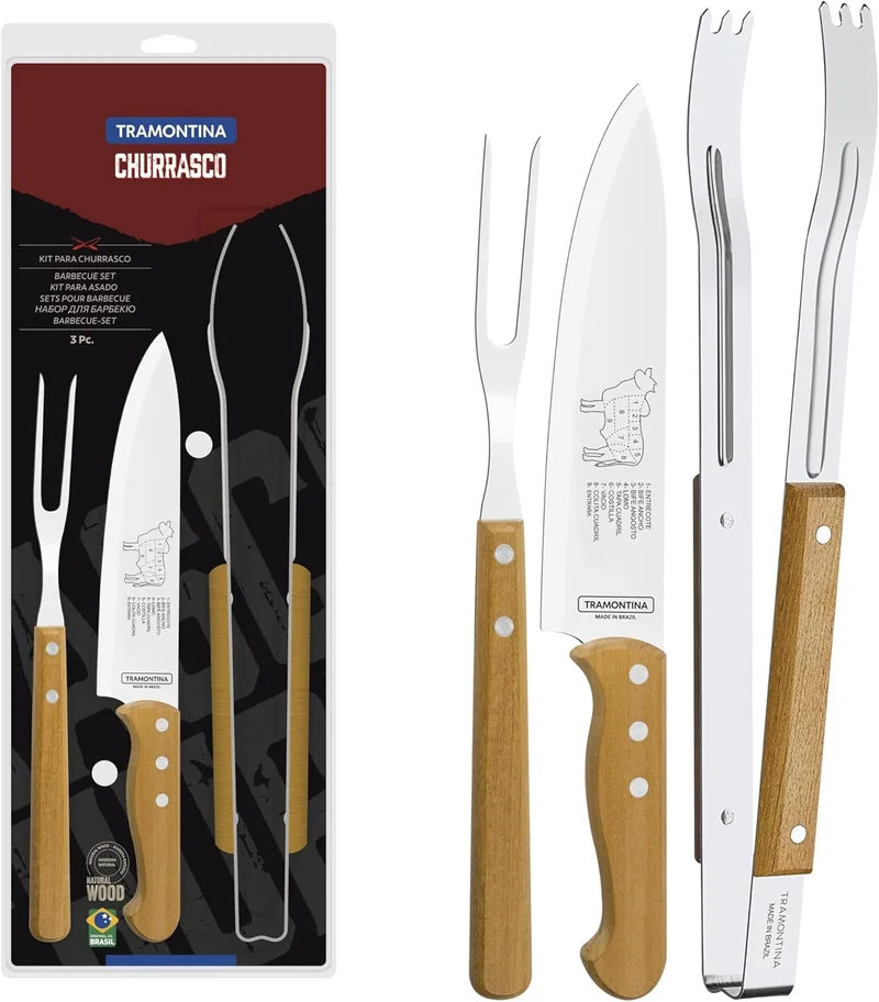 Tramontina 3-Piece Barbecue Tool Set - Stainless Steel Blades with Natural Wood Handles