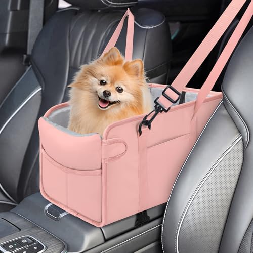 NECKORY Portable Dog Car Seat for Small Dogs - Adjustable Safety Leash, Washable Cushion & Storage Pocket - Pet Booster Seat for Car Travel- Pink - Image 1