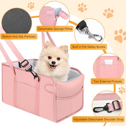 NECKORY Portable Dog Car Seat for Small Dogs - Adjustable Safety Leash, Washable Cushion & Storage Pocket - Pet Booster Seat for Car Travel- Pink - Image 3