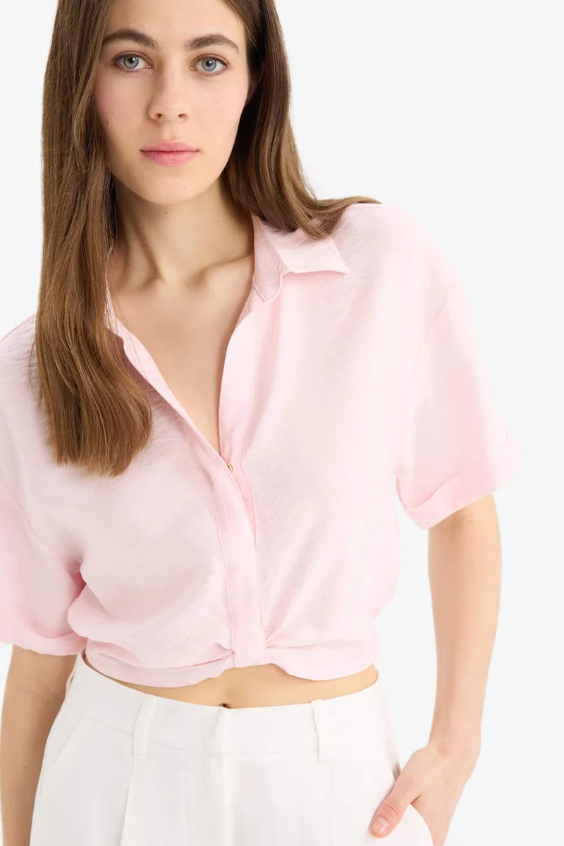 ديفاكتو Shirt Collar Crop Linen Look Short Sleeve Blouse