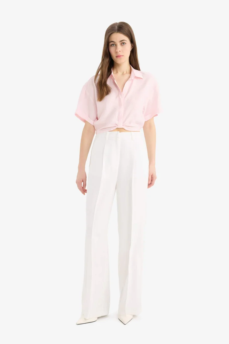 ديفاكتو Shirt Collar Crop Linen Look Short Sleeve Blouse