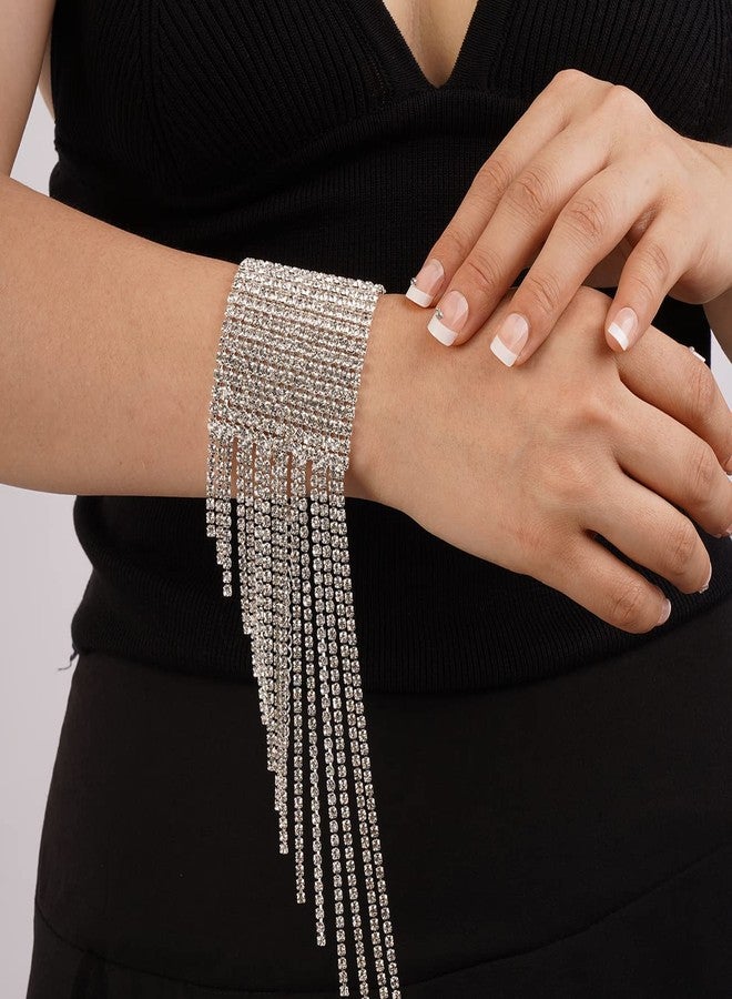 Chargances Silver Glitter Crystal Bangle Bracelet Thinestone Tassle Fringe Bracelet Bling Tennis Cuff Accessories for Women Party Wedding Prom - Image 2