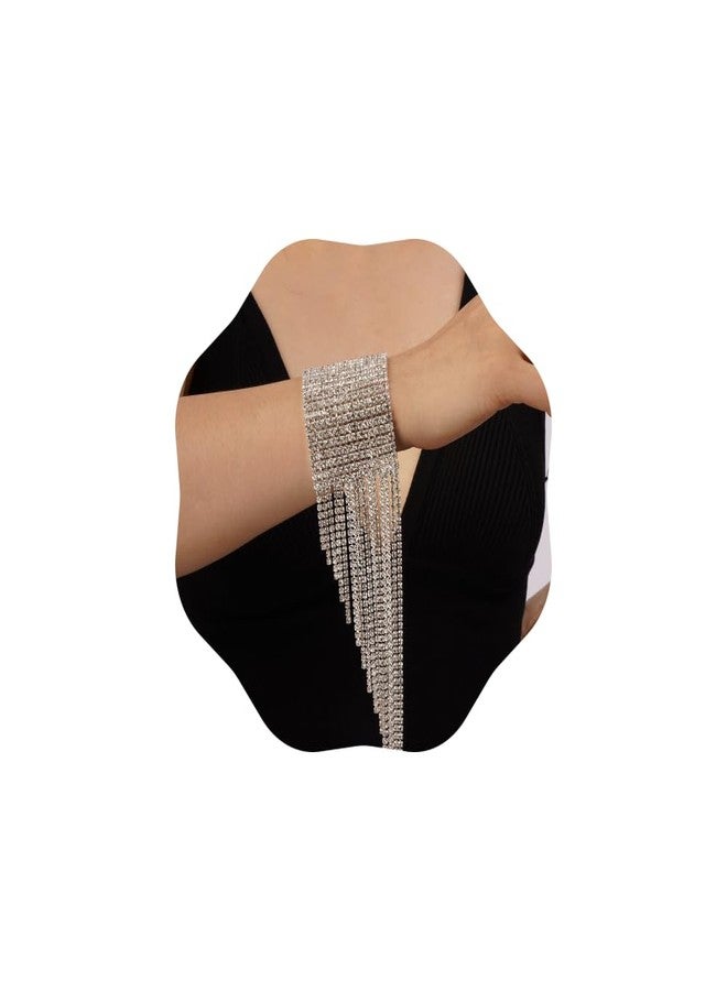 Chargances Silver Glitter Crystal Bangle Bracelet Thinestone Tassle Fringe Bracelet Bling Tennis Cuff Accessories for Women Party Wedding Prom - Image 1