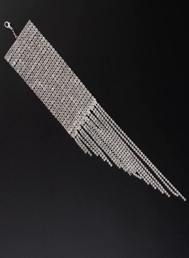 Chargances Silver Glitter Crystal Bangle Bracelet Thinestone Tassle Fringe Bracelet Bling Tennis Cuff Accessories for Women Party Wedding Prom - Image 5