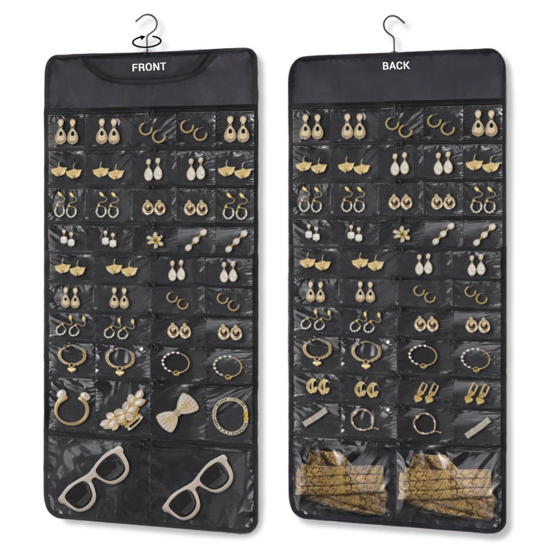 FOREGOER Hanging Jewelry Organizer with 88 Zippered Pockets, Dustproof Foldable for Travel, Accessories Organizer for Holding Jewelries, Earring Organizers and Storage (Black) - Image 1