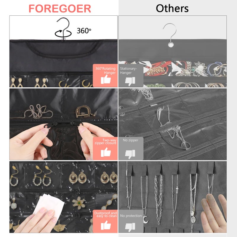 FOREGOER Hanging Jewelry Organizer with 88 Zippered Pockets, Dustproof Foldable for Travel, Accessories Organizer for Holding Jewelries, Earring Organizers and Storage (Black) - Image 4