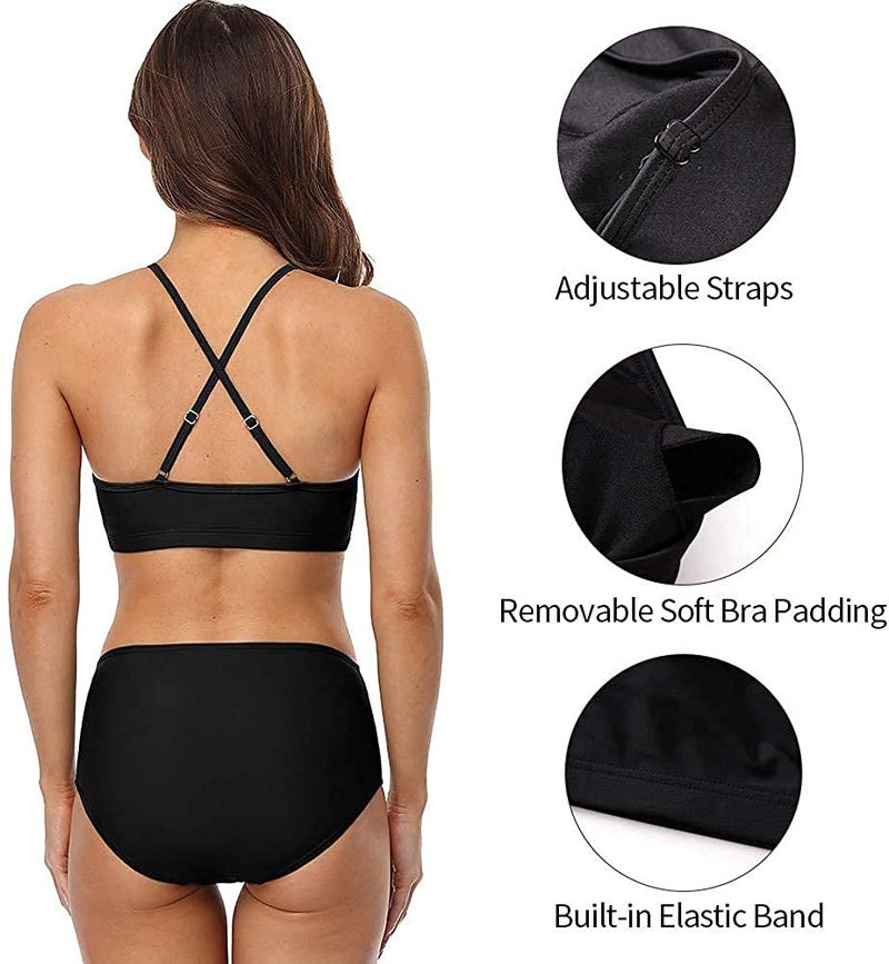 CharmLeaks Women Swimsuit Sets Crop Bathing Suits Bikini High Neck Swimwear Black L - Image 3