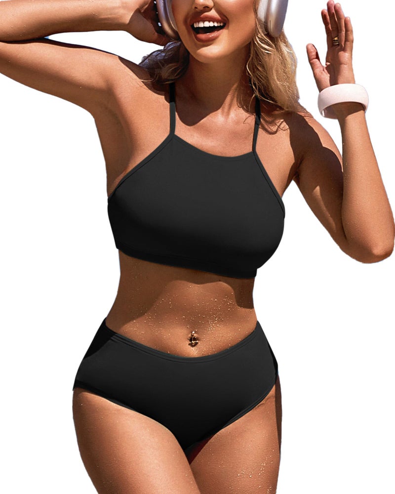 CharmLeaks Women Swimsuit Sets Crop Bathing Suits Bikini High Neck Swimwear Black L - Image 1