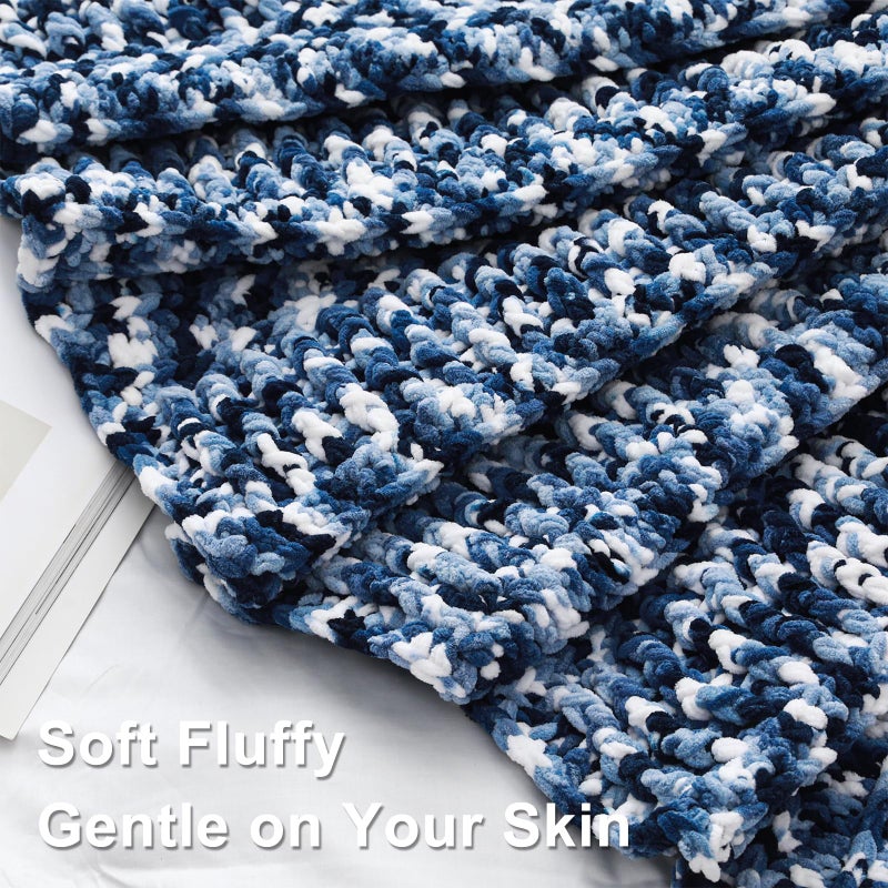 Knyteruna #6 Super Bulky Blanket Yarn for Crocheting - 4 Skeins(Each 10.5oz/300g, 220yds/201m), Chunky Chenille Thick Plush Big Soft Yarn for Crocheting Knitting Blankets, Khaki & Blue & White - Image 4