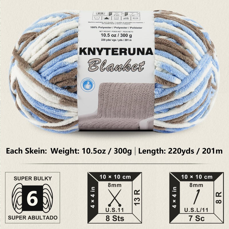 Knyteruna #6 Super Bulky Blanket Yarn for Crocheting - 4 Skeins(Each 10.5oz/300g, 220yds/201m), Chunky Chenille Thick Plush Big Soft Yarn for Crocheting Knitting Blankets, Khaki & Blue & White - Image 2
