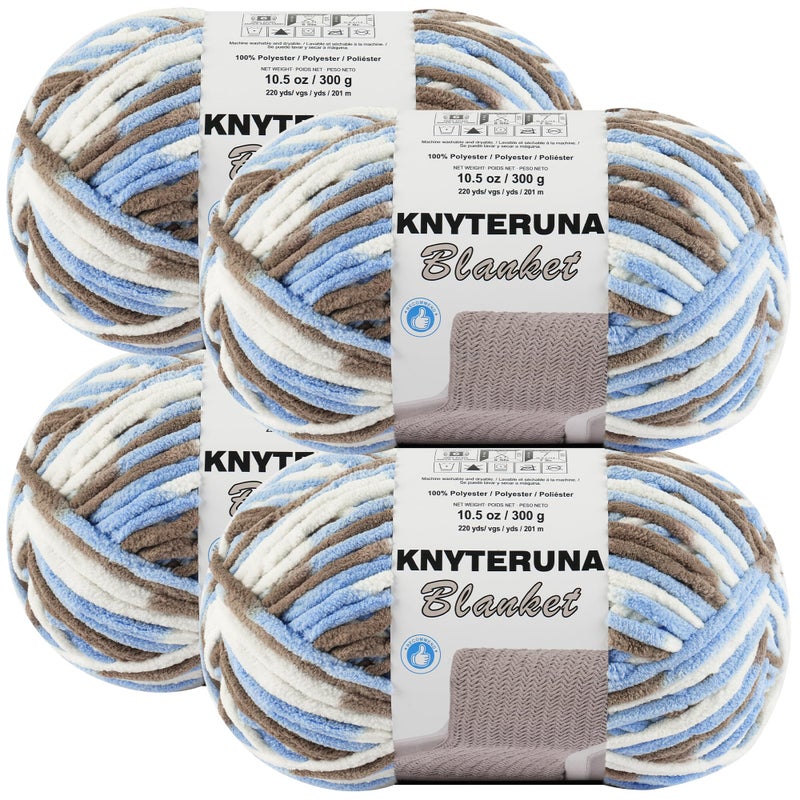 Knyteruna #6 Super Bulky Blanket Yarn for Crocheting - 4 Skeins(Each 10.5oz/300g, 220yds/201m), Chunky Chenille Thick Plush Big Soft Yarn for Crocheting Knitting Blankets, Khaki & Blue & White - Image 1