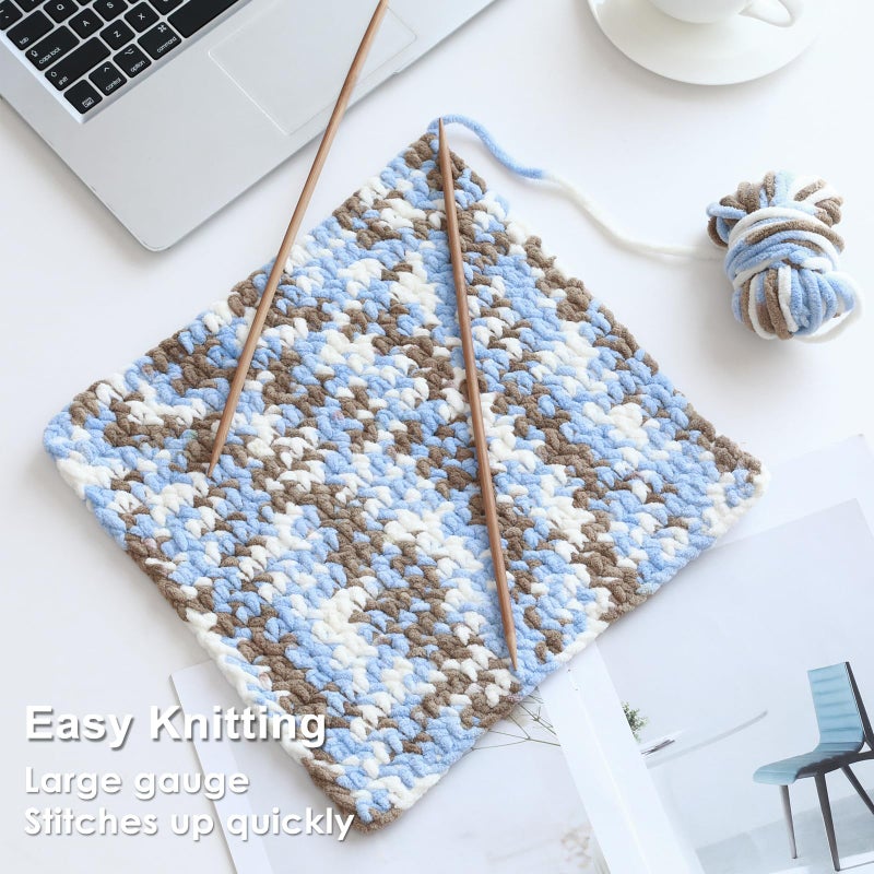 Knyteruna #6 Super Bulky Blanket Yarn for Crocheting - 4 Skeins(Each 10.5oz/300g, 220yds/201m), Chunky Chenille Thick Plush Big Soft Yarn for Crocheting Knitting Blankets, Khaki & Blue & White - Image 5