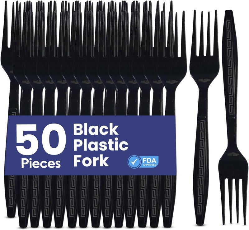 SNH Packing 50 Pieces Black Plastic Fork - Heavyweight Disposable Fork, Heavy Duty Black Cutlery - Plastic Utensils - Perfect For Parties And Restaurants. - Image 1