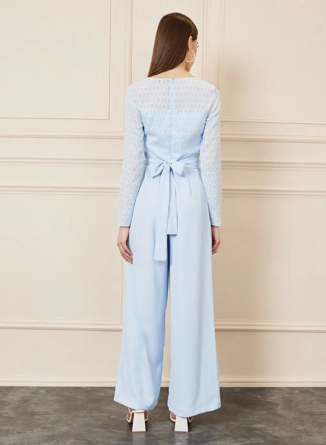 Styli Jacquard Texture Wide Leg Jumpsuit with Self Tie Up