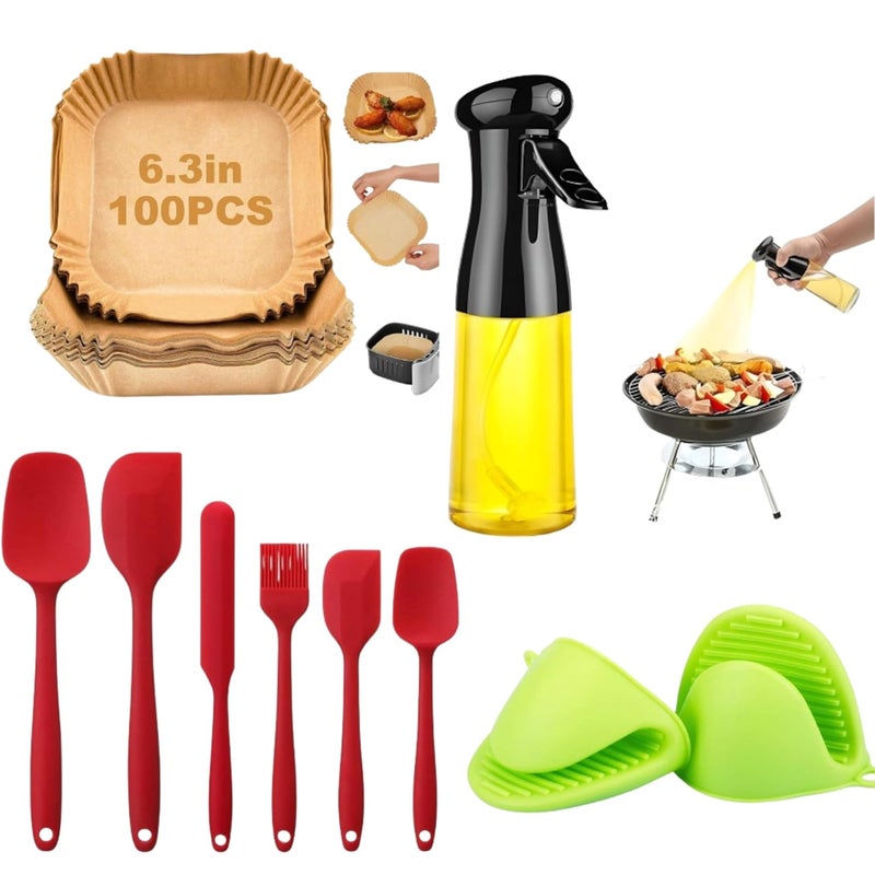 LEDHOLYT Air Fryer Paper SheetsOilProof Parchment Paper for FryingMitt Gripper Grip Kitchen Potholder Utensil Tool AIRFRYERSpatula SetPinch Grip Oil Spray Bottle - Image 1
