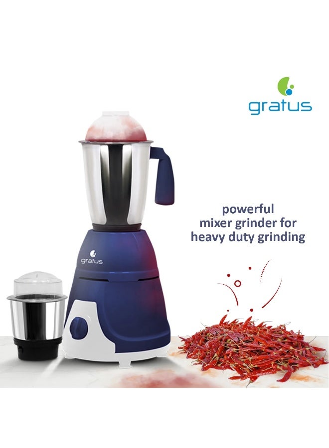 Gratus 600W Heavy Duty Mixer Grinder with 2 Stainless Steel Jars & 3-Speed Control, White/Gray – GMG6002TI - Image 3