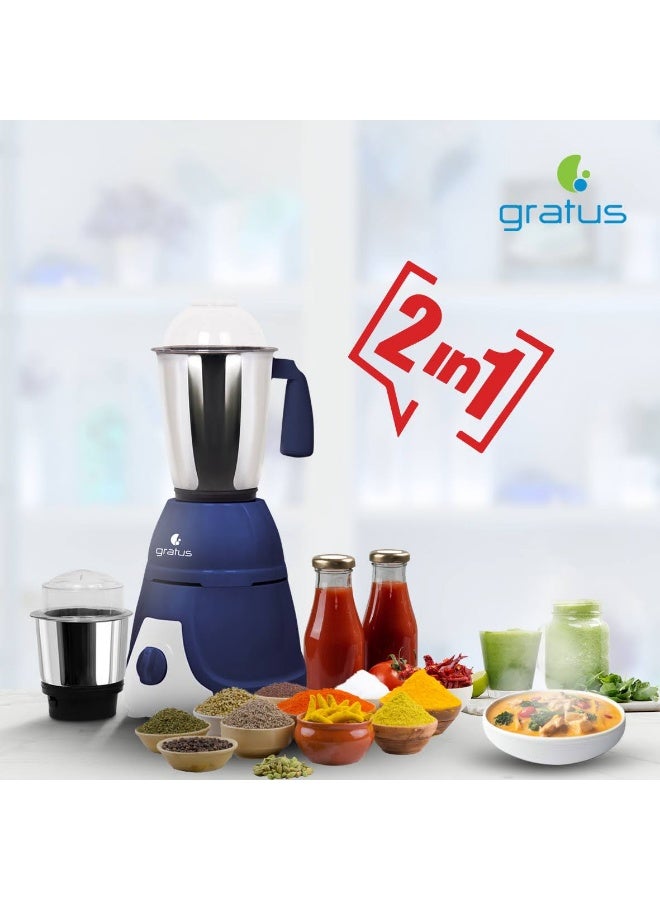 Gratus 600W Heavy Duty Mixer Grinder with 2 Stainless Steel Jars & 3-Speed Control, White/Gray – GMG6002TI - Image 5