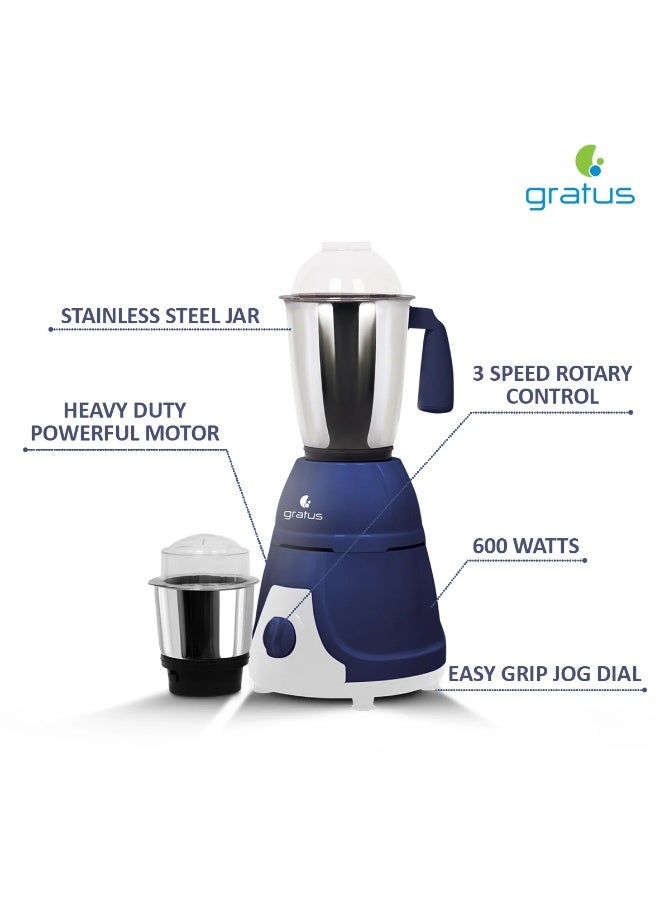 Gratus 600W Heavy Duty Mixer Grinder with 2 Stainless Steel Jars & 3-Speed Control, White/Gray – GMG6002TI - Image 2