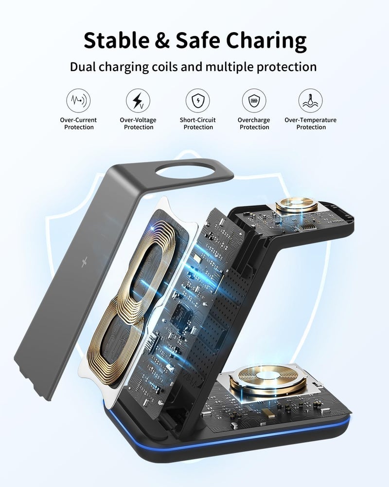 شاحن لاسلكي لسامسونج وأندرويد: محطة شحن 3 في 1 لساعة Galaxy Watch7 Pro/4/3/Active2/1 - حامل شحن الهاتف لـ S25/S24/S23Ultra/S22/S21/S20/Note 20، سلسلة Z Fold & Flip، Buds 3 Pro - Image 2