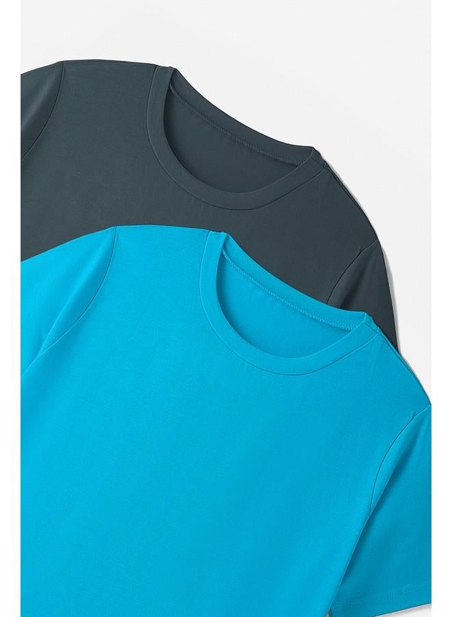 جون طقم تيشيرتات قطنية سادة بأكمام قصيرة للأطفال من يونيو - قطعتان - تركواز - رمادي - Image 3