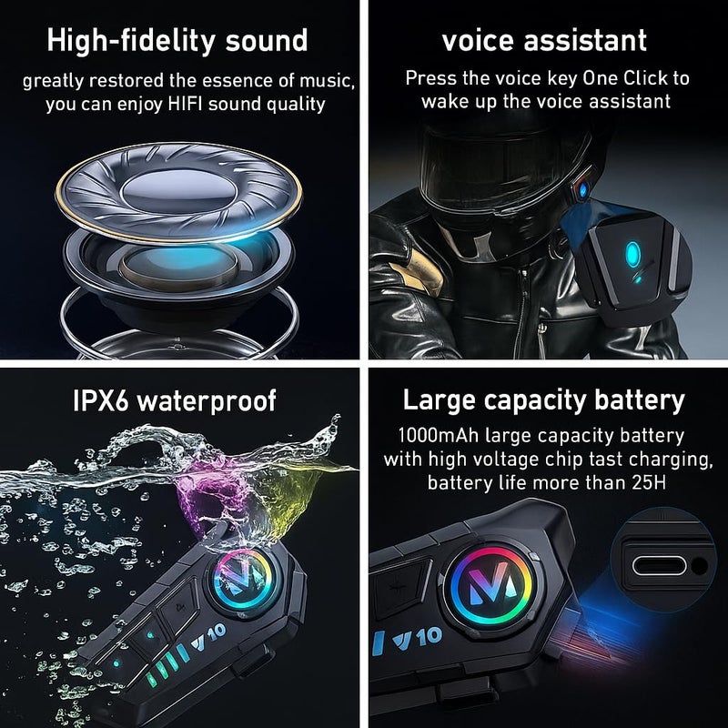Primate Y10 Bluetooth Motorcycle Helmet Headset – 2 Phones Connection at The Same Time, Music & GPS Support, IP67 Waterproof, Works with Android & iOS, Universal Helmet Compatibility - Image 2